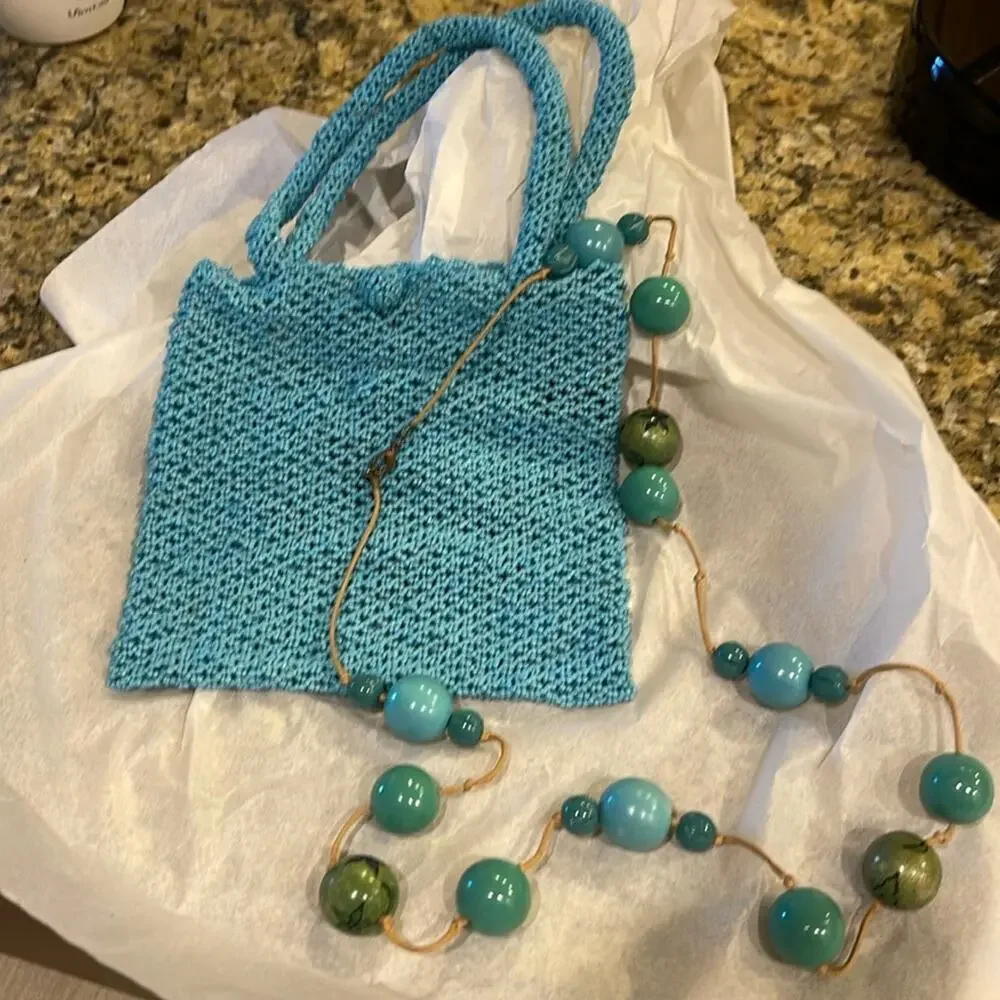 Handbag turquoise beaded with beaded necklace 6x6” body of purse with 2 handles
